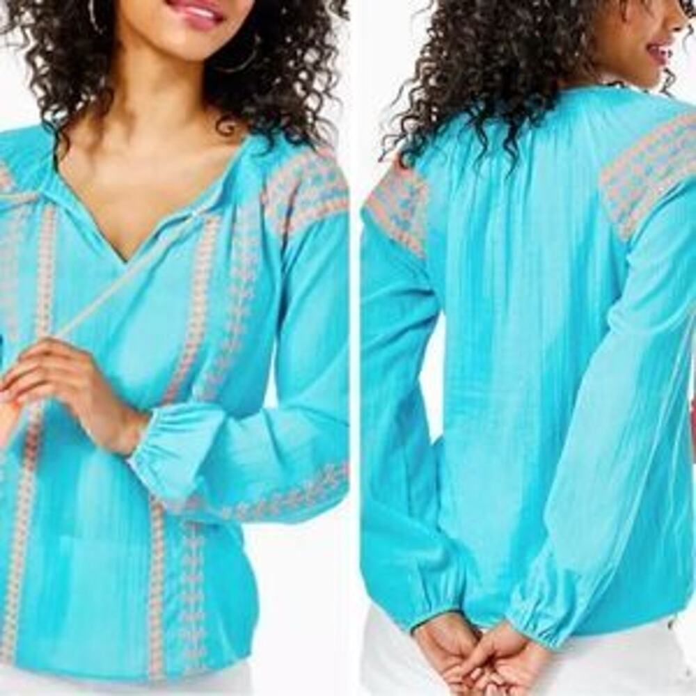 Lilly Pulitzer Lara Embroidered Tassel Peasant Blouse Bermuda Blue Cotton Sz XS